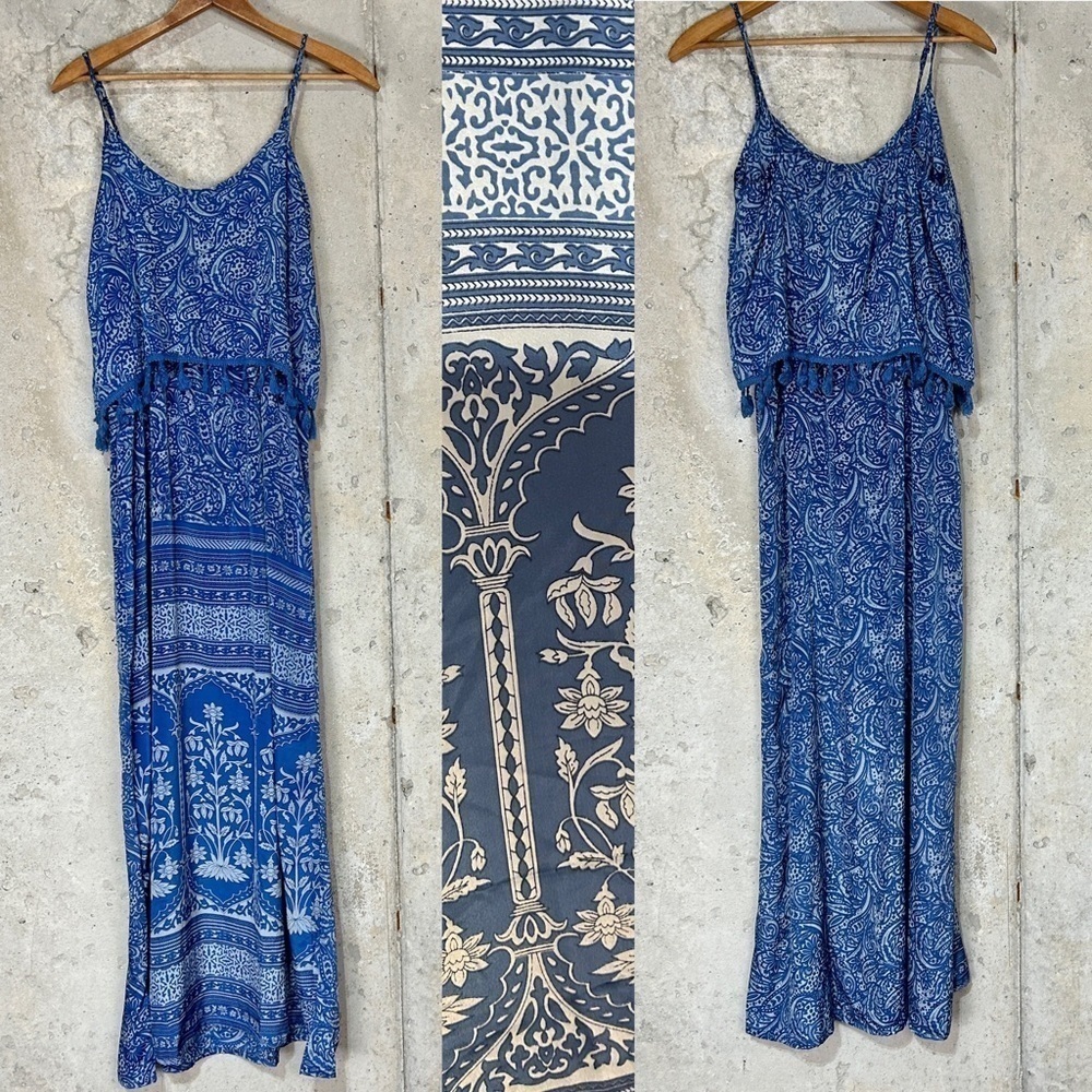 Earthbound blue paisley floral tassel spaghetti strap maxi dress small